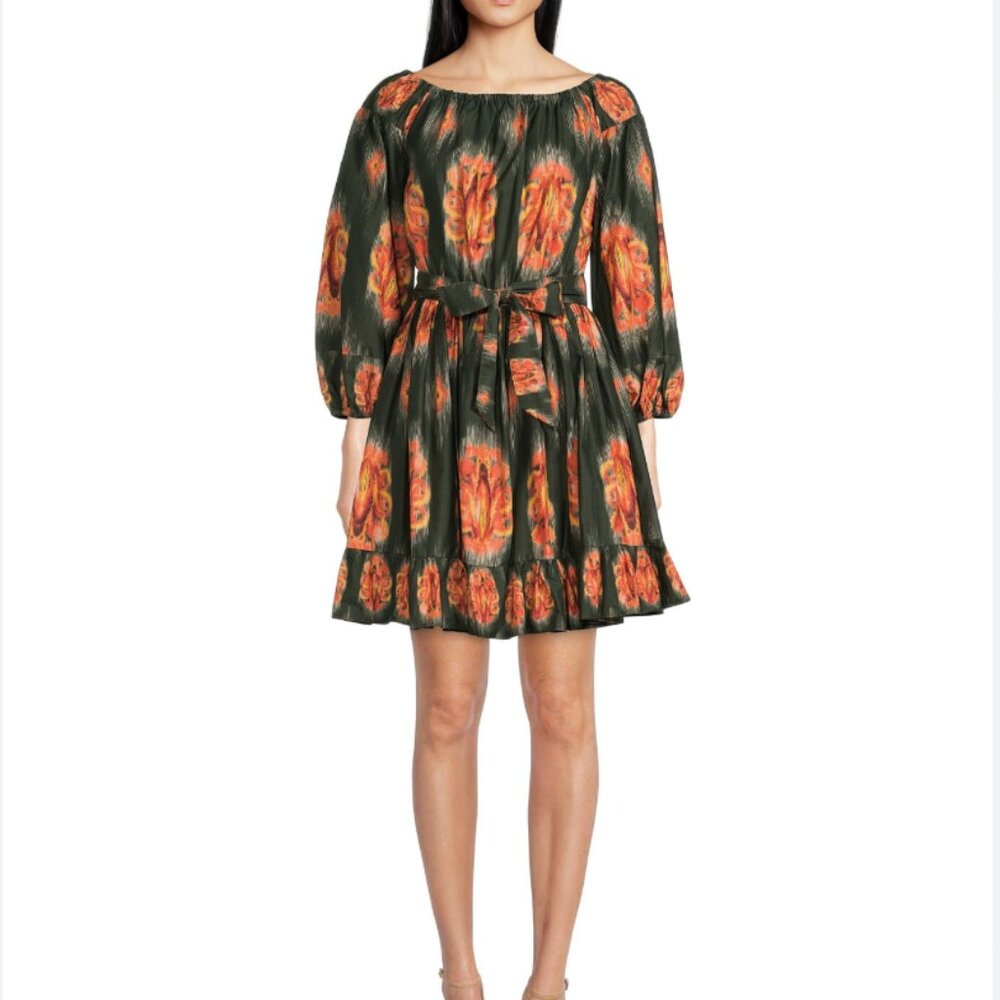 A LOVES A Small Elegant Bohemian Green & Orange Balloon Sleeve Patterned Dress